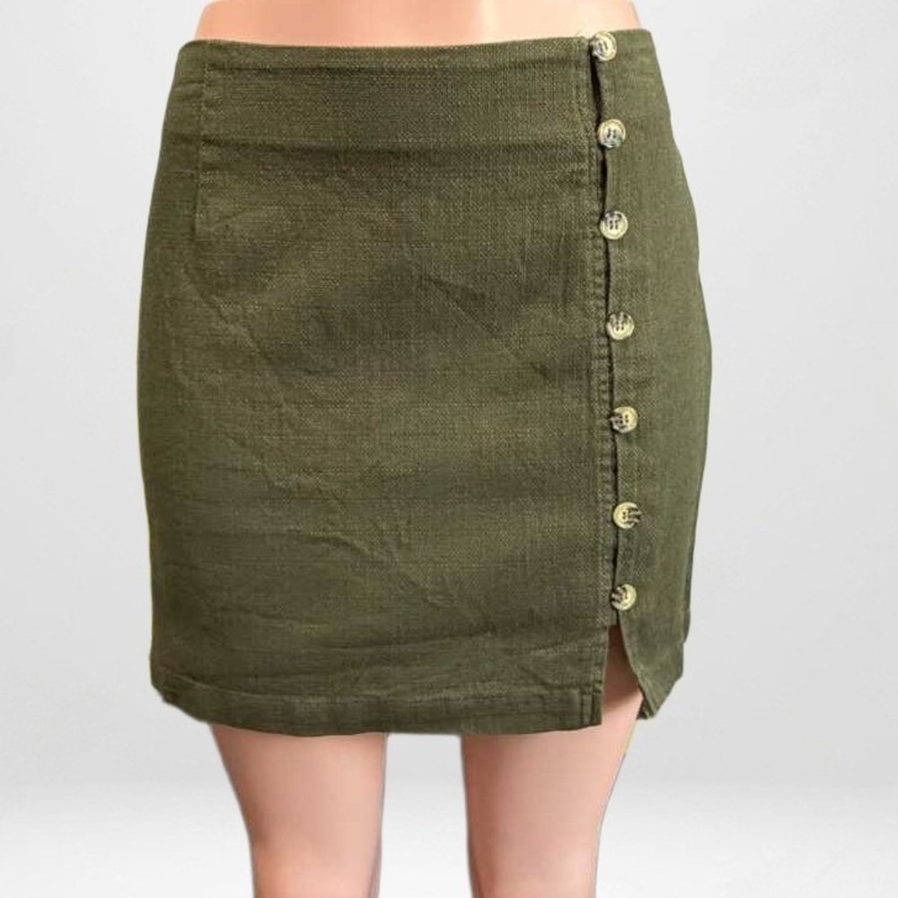 Forever 21 Olive Green Button Side Mini Skirt High Waisted Woven Size L NEW